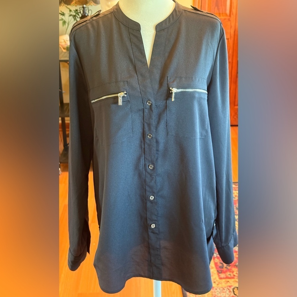 CALVIN KLEIN Women Thin Light Slippery Poly Blouse 2-Way Sleeve Black/Gray Med